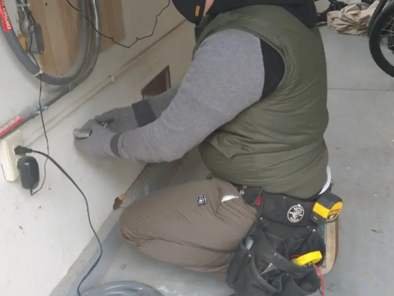 Electrician performing outlet wiring in a Valinda garage